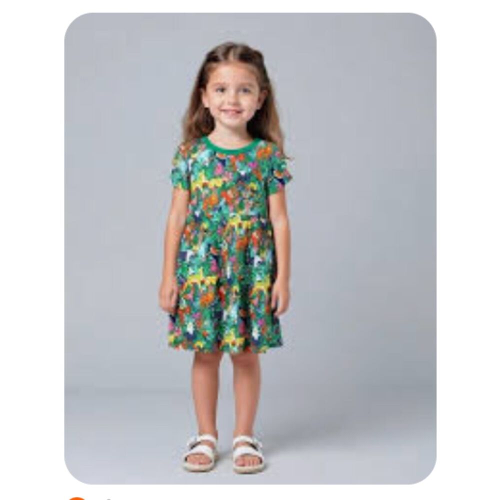 Mini Boden Girls Jungle Animal Print Jersey Dress Green 4-5Y Short Sleeve